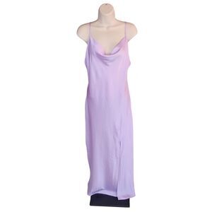 Paper Heart Slip Dress Womens M Purple Satin Cowl Neck Side Slit Long Strappy